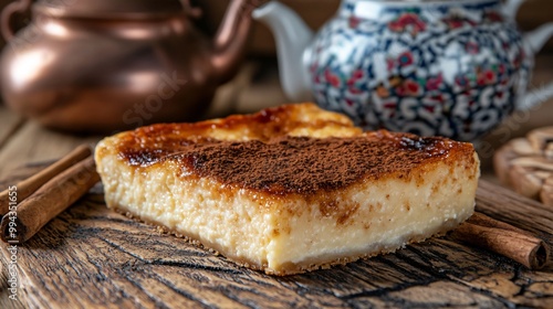 A slice of creamy kazandibi with a sprinkle of cinnamon, set against a warm, rustic kitchen background with a teapot and ornate Turkish tiles photo