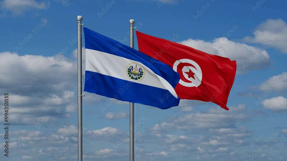 Tunisia and Salvador flags flying together, video concept of the relationship, two country cooperation concept Tunisia and Salvador flags flying together, video concept of the relationship, two country cooperation concept