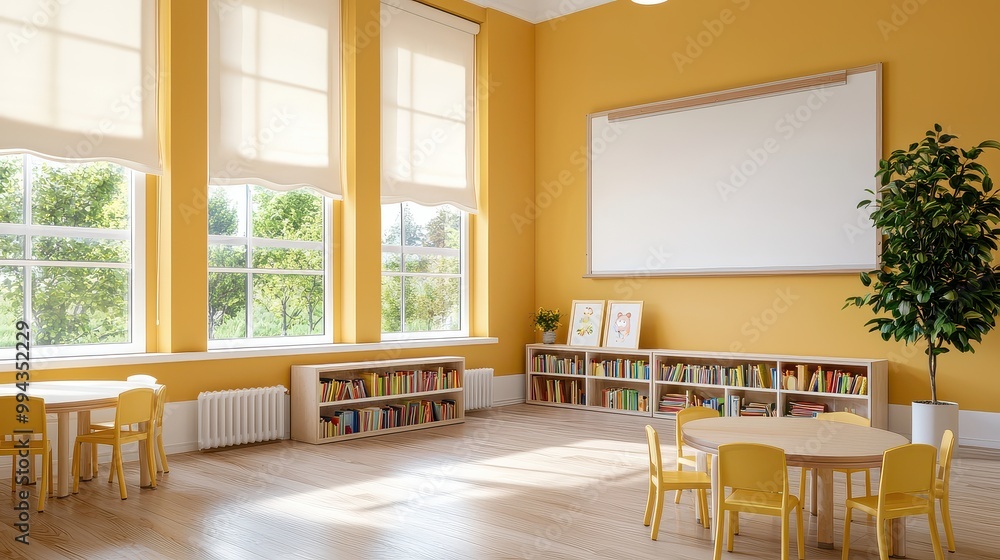 Fototapeta premium A bright yellow room with a white board and a lot of books. The room is filled with yellow chairs and a potted plant