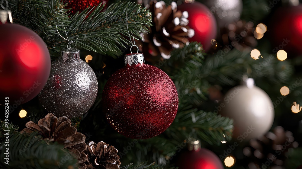 A tree with many red and silver ornaments hanging from it. The red ornaments are the most prominent and stand out against the green leaves A tree with many red and silver ornaments hanging from it. The red ornaments are the most prominent and stand out against the green leaves