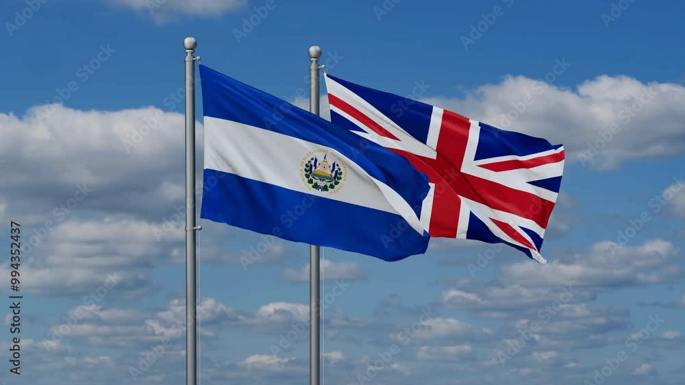 United Kingdom and Salvador flags flying together, video concept of the relationship, two country cooperation concept United Kingdom and Salvador flags flying together, video concept of the relationship, two country cooperation concept
