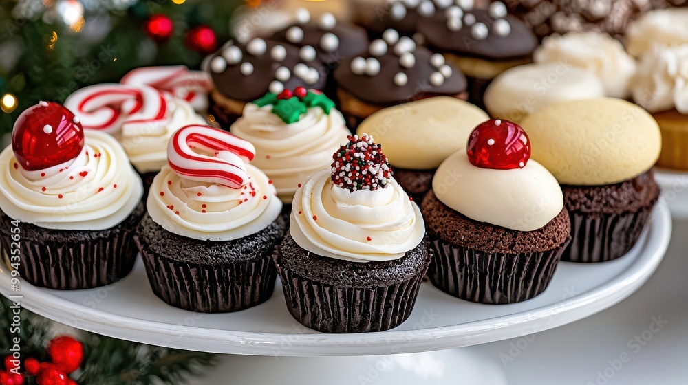A white plate with a variety of cupcakes, including some with red cherries and white frosting A white plate with a variety of cupcakes, including some with red cherries and white frosting
