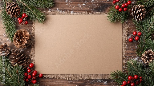 A brown paper with a white border and a bunch of red berries and pine cones on it