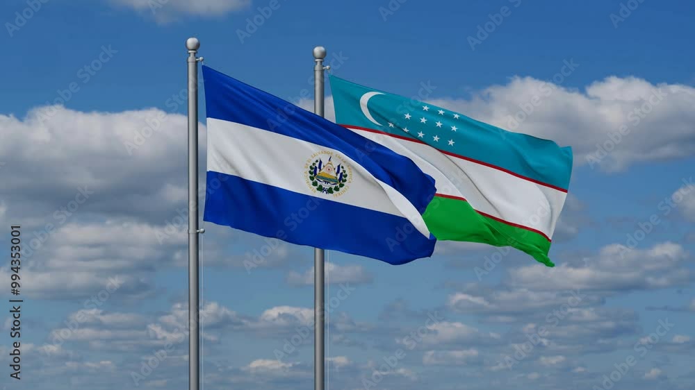 Republic of Uzbekistan and Salvador flags flying together, video concept of the relationship, two country cooperation concept Republic of Uzbekistan and Salvador flags flying together, video concept of the relationship, two country cooperation concept