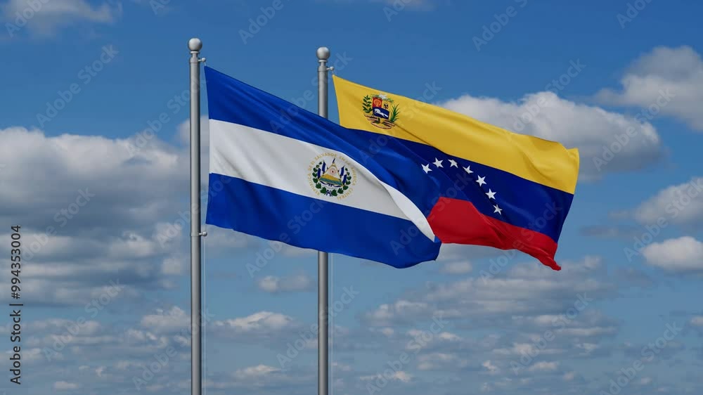 Venezuela and Salvador flags flying together, video concept of the relationship Venezuela and Salvador flags flying together, video concept of the relationship