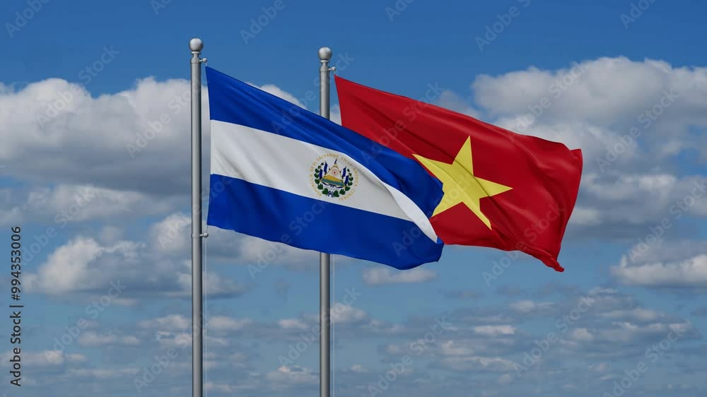 Vietnam and Salvador flags flying together, video concept of the relationship Vietnam and Salvador flags flying together, video concept of the relationship