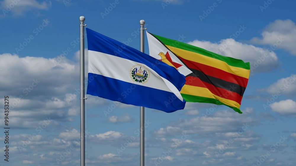Zimbabwe and Salvador flags flying together, video concept of the relationship, two country cooperation concept Zimbabwe and Salvador flags flying together, video concept of the relationship, two country cooperation concept