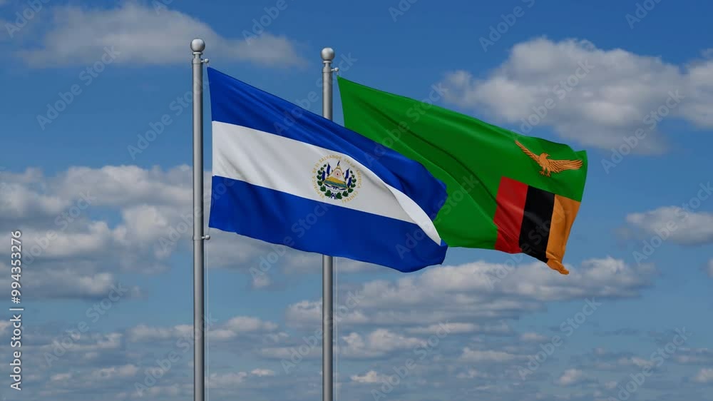 Zambia and Salvador flags flying together, video concept of the relationship, two country cooperation concept Zambia and Salvador flags flying together, video concept of the relationship, two country cooperation concept