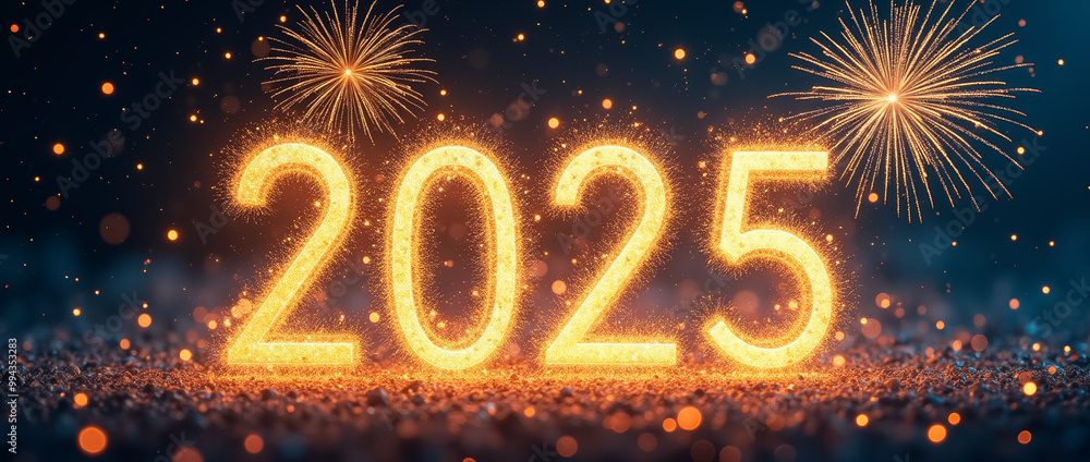 Bright sparkly numbers forming 2025 are surrounded by colorful fireworks, signaling the arrival of the new year with a festive atmosphere filled with celebration and joy Bright sparkly numbers forming 2025 are surrounded by colorful fireworks, signaling the arrival of the new year with a festive atmosphere filled with celebration and joy