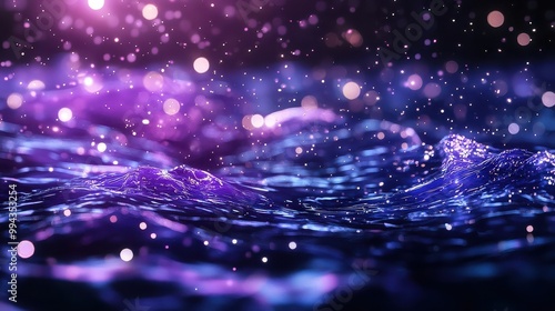 Fototapeta Naklejka Na Ścianę i Meble -  The image is a computer generated image of a body of water with purple and blue colors. The water is filled with glitter, giving it a dreamy and ethereal appearance. Concept of calm and tranquility