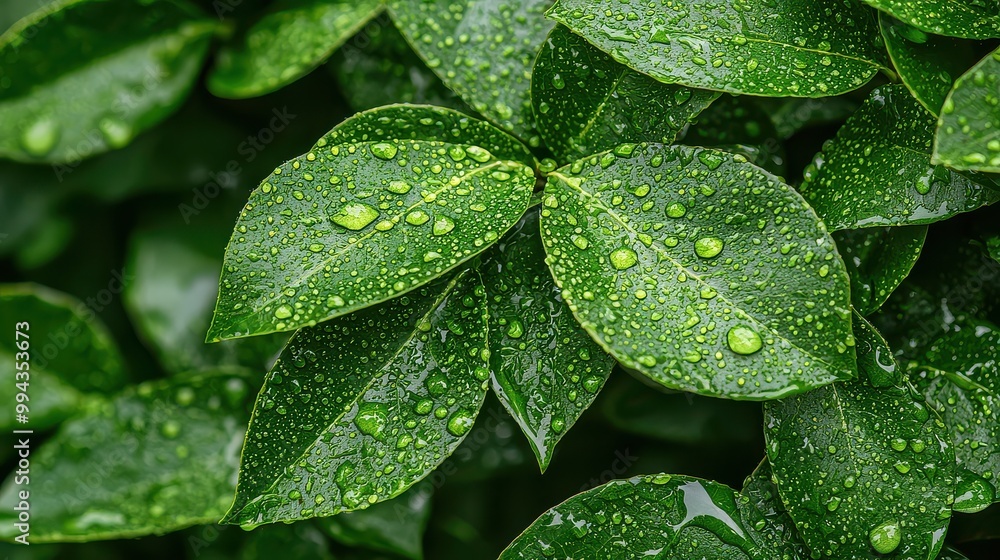 The leaves of a plant are covered in water droplets, giving the impression of a fresh, new growth The leaves of a plant are covered in water droplets, giving the impression of a fresh, new growth