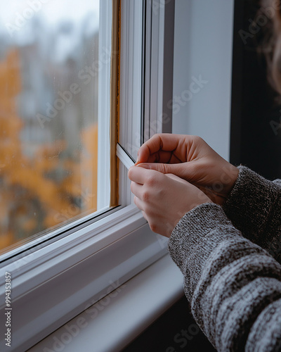  Homeowner applying weatherstripping to windows for cold air insulation in autumn