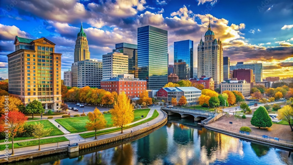 Fototapeta premium Modern Connecticut Business District with Skyscrapers, Office Buildings, and Urban Infrastructure