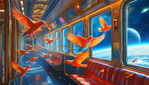 Surreal Journey of Birds into a Vibrant Space Train, Realistically Depicted in Intricate Detail photo