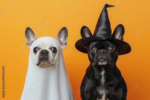 Two dogs dressed up in Halloween costumes in front of an orange background. The dog on the left is dressed as a ghost and the dog on the right is a witch. photo