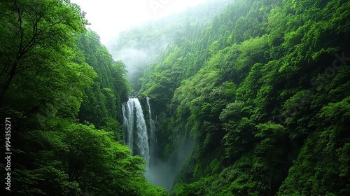 A lush green forest with a waterfall in the background. The waterfall is surrounded by trees and the sky is cloudy. Concept of tranquility and natural beauty