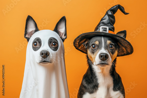 Two dogs dressed up in Halloween costumes in front of an orange background. The dog on the left is dressed as a ghost and the dog on the right is a witch. photo