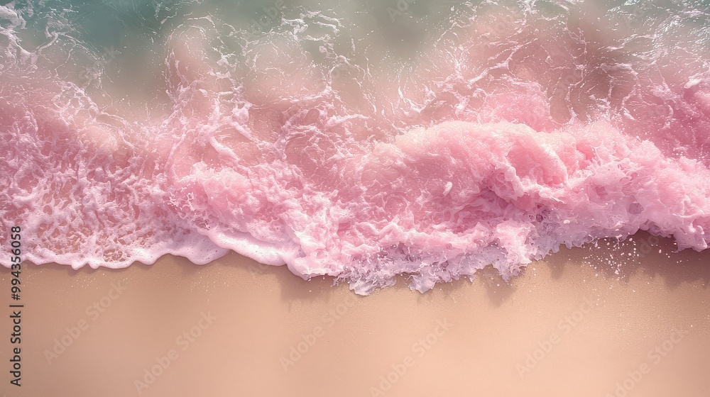 Fototapeta premium Pink ocean waves with a pinkish hue. The water is calm and the waves are gentle. The beach is a beautiful pink color
