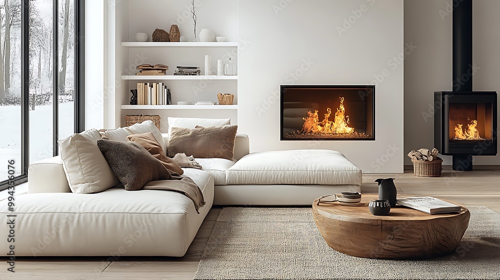Fototapeta premium White corner sofa near fireplace. Scandinavian home interior design of modern living room. 