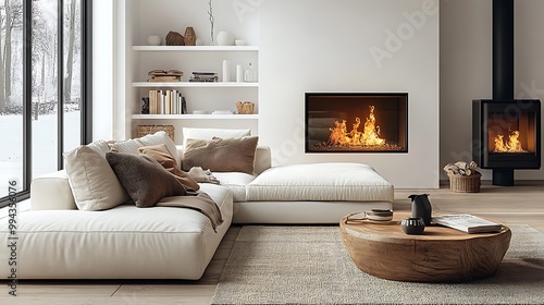 Wallpaper Mural  White corner sofa near fireplace. Scandinavian home interior design of modern living room.  Torontodigital.ca