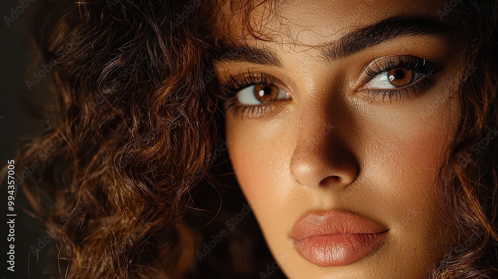 A woman with brown hair and brown eyes is shown with her face turned to the side. She has a full, curly mane and is wearing makeup. Concept of confidence and beauty A woman with brown hair and brown eyes is shown with her face turned to the side. She has a full, curly mane and is wearing makeup. Concept of confidence and beauty