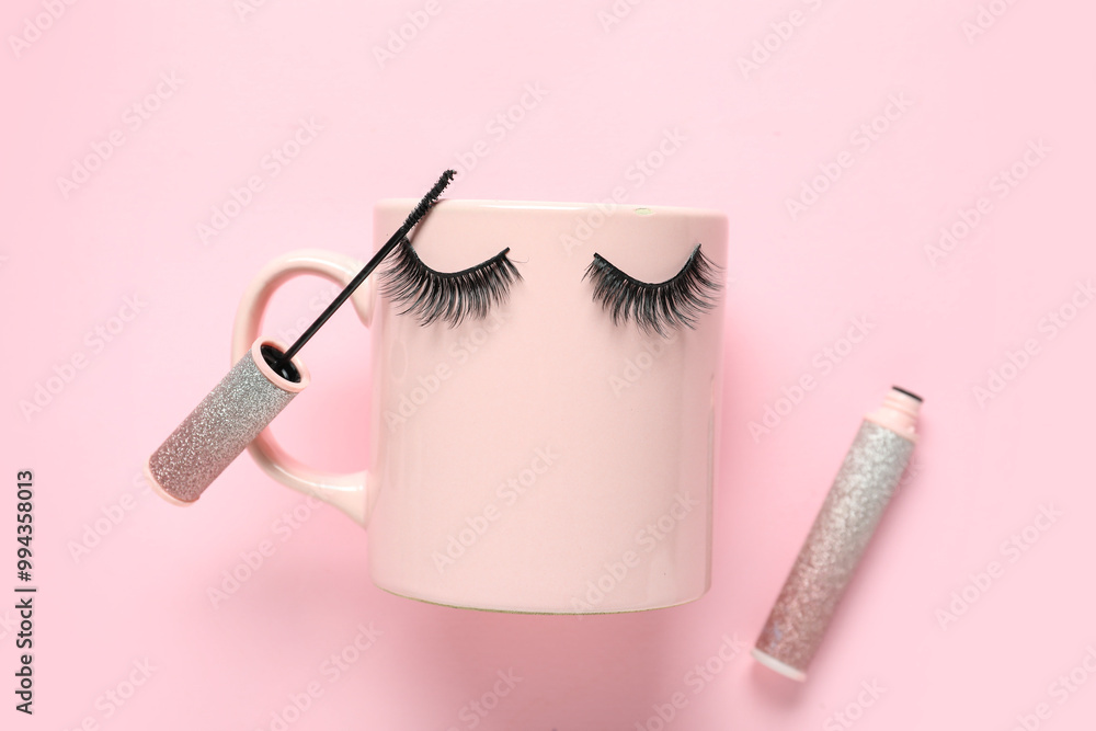 Ceramic mug, mascara and false eyelashes on pink background Ceramic mug, mascara and false eyelashes on pink background