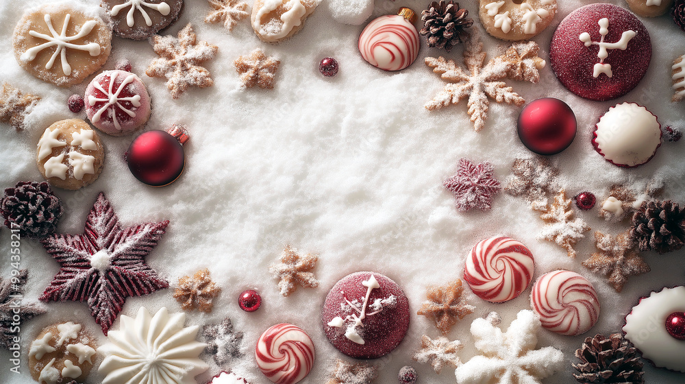A white background with a lot of red and white decorations on a snowy background A white background with a lot of red and white decorations on a snowy background