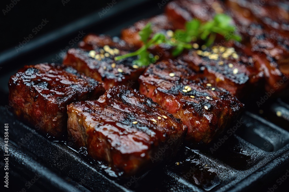 Sizzling grill texture with caramelized char marks on juicy, seared meat Sizzling grill texture with caramelized char marks on juicy, seared meat