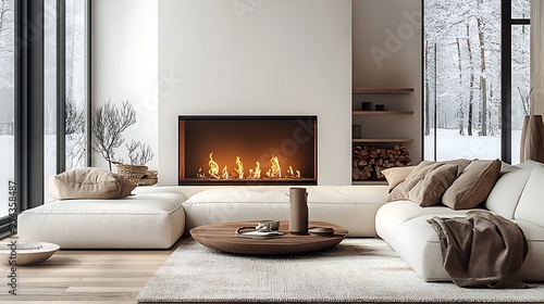 Wallpaper Mural  White corner sofa near fireplace. Scandinavian home interior design of modern living room.  Torontodigital.ca