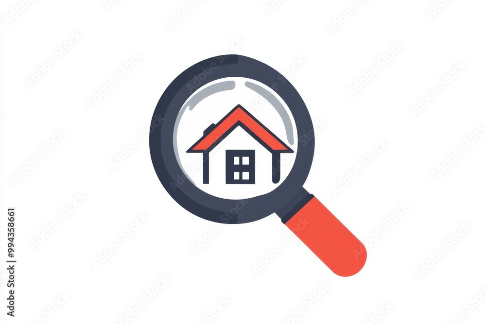 A simple logo featuring a magnifying glass and a house, set against a white background with a red color palette and a grey outline Generative AI A simple logo featuring a magnifying glass and a house, set against a white background with a red color palette and a grey outline Generative AI