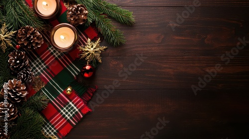 A Christmas table setting with candles and pine cones. The candles are lit and the pine cones are arranged around them. The tablecloth is red and green plaid