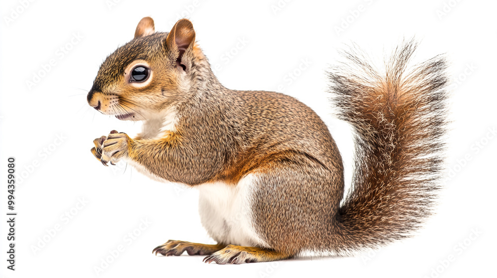 A curious squirrel poses with paws together against a plain white background in natural light A curious squirrel poses with paws together against a plain white background in natural light