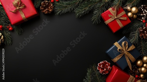 A black background with a Christmas tree and presents. The presents are red and blue. The tree has pine cones and gold ornaments