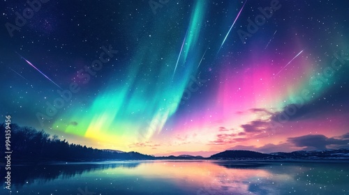 Dreamy sky with colorful auroras and shooting stars across the horizon