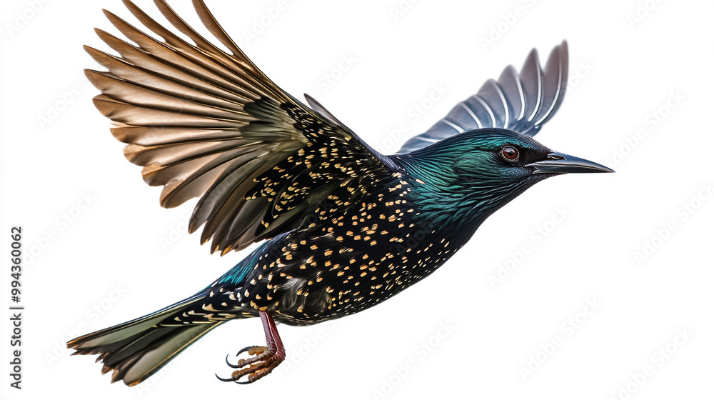 Fototapeta premium Starling in mid-flight displaying striking plumage against a clean white background