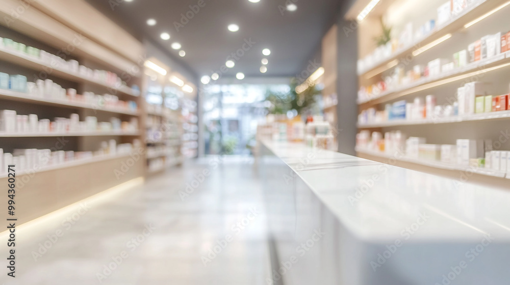A bright and modern pharmacy interior displaying a variety of health products in clear view A bright and modern pharmacy interior displaying a variety of health products in clear view