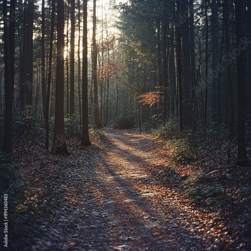 A serene trail runs through tranquil forest, illuminated by soft daylight filtering through trees. path is lined with fallen leaves, creating beautiful autumn scene