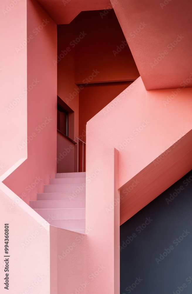 A close-up of the interior architecture, featuring pink and dark blue walls, geometric shapes, and stairs leading to an open space above A close-up of the interior architecture, featuring pink and dark blue walls, geometric shapes, and stairs leading to an open space above