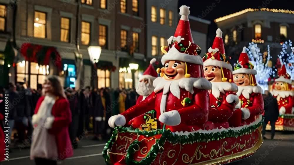 Animate a festive Christmas parade with colorful floats, marching bands, and holiday cheer. Animate a festive Christmas parade with colorful floats, marching bands, and holiday cheer.