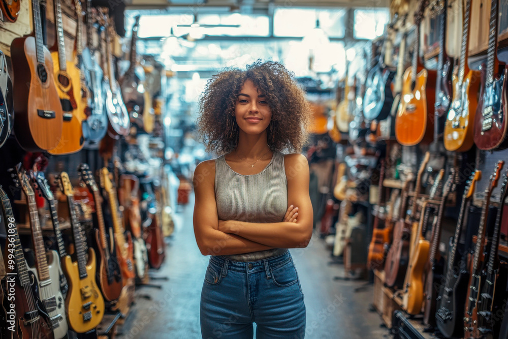 A young woman confidently stands among a variety of guitars in a bustling music store, surrounded by instruments A young woman confidently stands among a variety of guitars in a bustling music store, surrounded by instruments