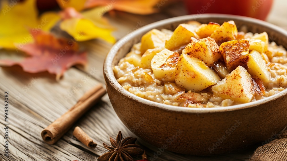 A bowl of oatmeal with caramelized apples and cinnamon, set against a warm wooden table with autumnal leaves scattered in the background A bowl of oatmeal with caramelized apples and cinnamon, set against a warm wooden table with autumnal leaves scattered in the background