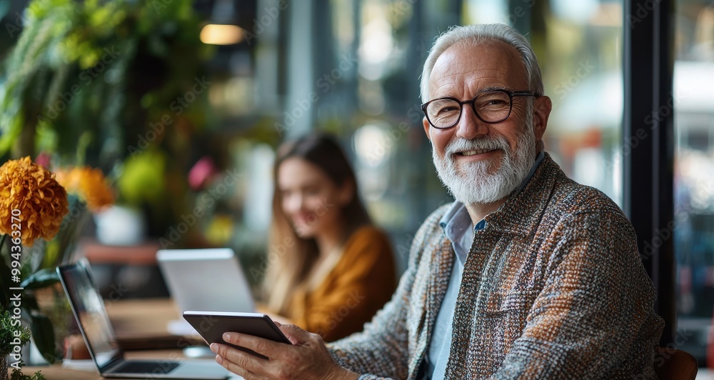 Portrait of a happy senior man in a casual outfit using a smartphone while sitting in a modern cafe with a young woman working on a laptop in the background Portrait of a happy senior man in a casual outfit using a smartphone while sitting in a modern cafe with a young woman working on a laptop in the background