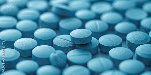 Close-up of Blue Pharmaceutical Pills in Large Quantities, Multiple Blue Tablets Arranged in a Pile for Medical Use, Health is the crown on the well person’s head that only the ill person can see