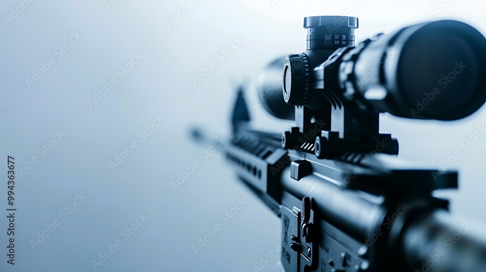 A high-definition image of an Army rifle with a rail-mounted scope, isolated on a white background. A high-definition image of an Army rifle with a rail-mounted scope, isolated on a white background.