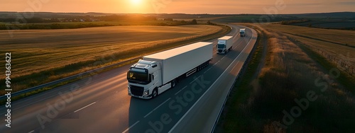 A white truck and two other trucks on the highway, driving towards the sunset in summer, with fields of wheat under the golden sunlight