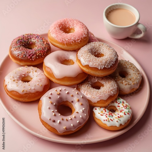 Delicious fresh donuts with topping arrangement in white background, assortment of pastel donuts with colorful sprinkles for sweet treat celebration