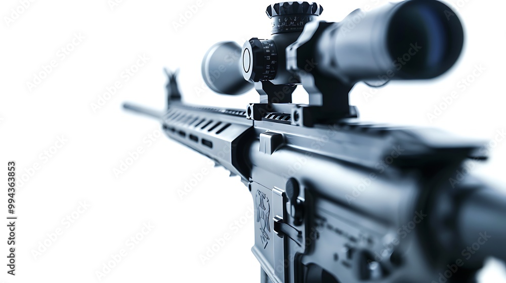 A high-definition image of an Army rifle with a rail-mounted scope, isolated on white. A high-definition image of an Army rifle with a rail-mounted scope, isolated on white.