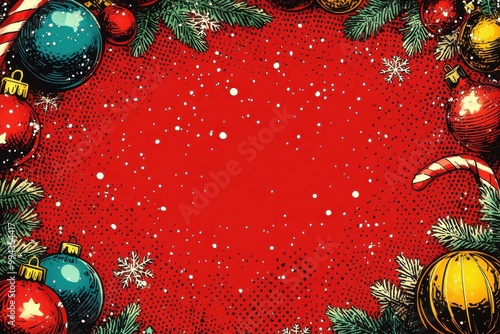 Festive comic-style Christmas background with colorful ornaments and snowflakes on a vibrant red backdrop photo