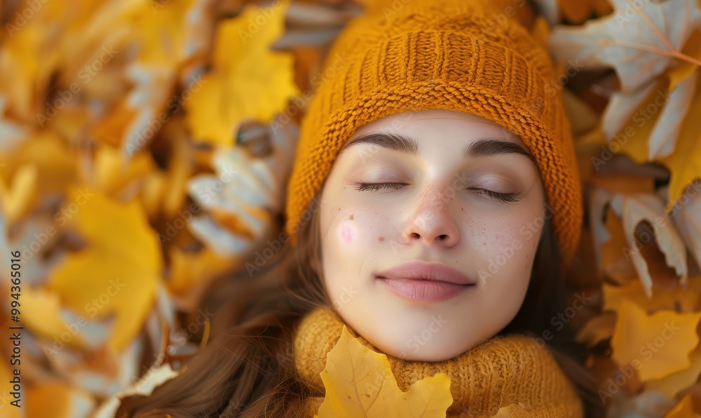 Beautiful young woman lying in a bed of autumn leaves, bathed in golden sunlight. Free copy space for banner. Beautiful young woman lying in a bed of autumn leaves, bathed in golden sunlight. Free copy space for banner.