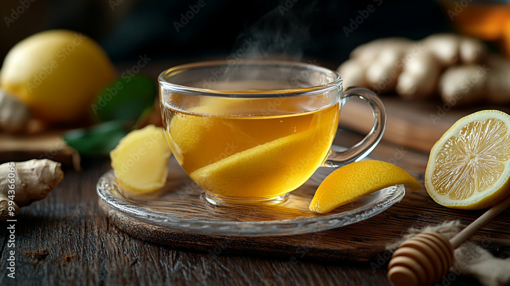 Warm lemon ginger tea served in a glass cup with honey and fresh ingredients on a wooden table Warm lemon ginger tea served in a glass cup with honey and fresh ingredients on a wooden table